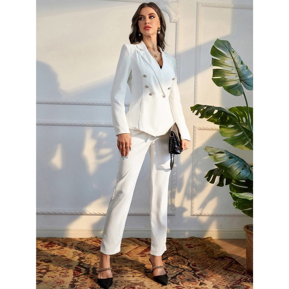 2 piece pantsuit: white Double Breasted Lapel Collar Blazer & Pants ivory - Picture 2 of 5